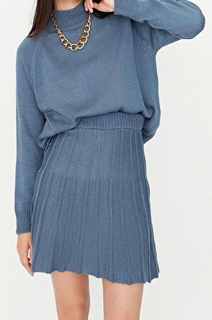 Kadın Moda Şık Geniş Paça Regular Boy Uzun Kollu Pileli Etekli Triko Alt-Üst Takım