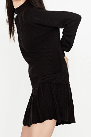 Kadın Moda Şık Geniş Paça Regular Boy Uzun Kollu Pileli Etekli Triko Alt-Üst Takım