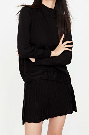 Kadın Moda Şık Geniş Paça Regular Boy Uzun Kollu Pileli Etekli Triko Alt-Üst Takım