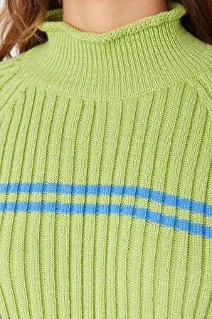 Kadın Moda Şık Dik Yaka Reglan Kol Regular Çizgili Triko Kazak