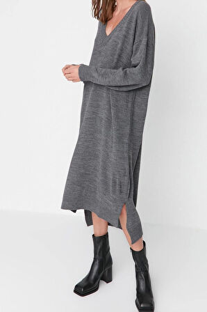 Yeni Oversize Casual Günlük Selanik Triko V Yaka Uzun Kol Shift Maxi Boy Elbise