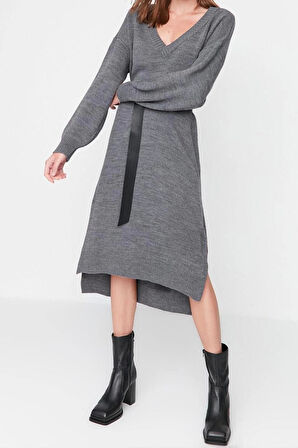 Yeni Oversize Casual Günlük Selanik Triko V Yaka Uzun Kol Shift Maxi Boy Elbise