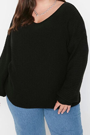 Kadın Büyük Beden Moda Şık Regular V Yaka Uzun Kol Düz Düşük Omuz Triko Kazak