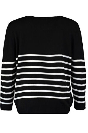 Kadın Büyük Beden Moda Şık Regular Bisiklet Yaka Uzun Kol Çizgili Triko Kazak