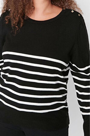Kadın Büyük Beden Moda Şık Regular Bisiklet Yaka Uzun Kol Çizgili Triko Kazak