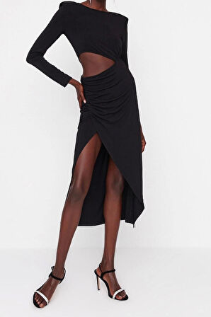 Yeni Fit Mezuniyet Balo Sandy Örme Kruvaze Uzun Kol Anvelop Midi Boy Elbise