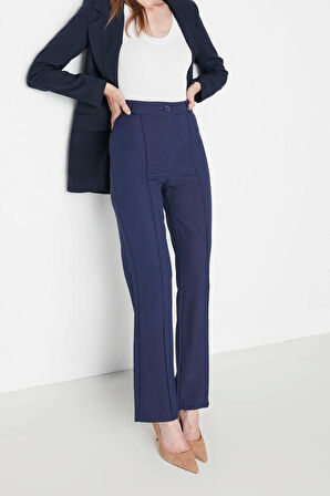 Kadın Yeni Moda Boru Paça Uzun Boy Dokuma Düz Kesim Yüksek Bel Nervür Dikişli Pantolon