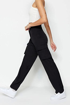 Kadın Yeni Moda Boru Paça Regular Boy Dokuma Kargo Düz Kesim Çift Cepli Pantolon