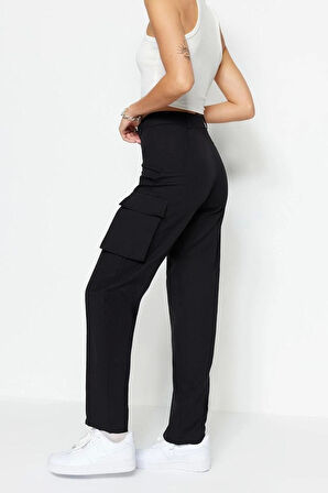 Kadın Yeni Moda Boru Paça Regular Boy Dokuma Kargo Düz Kesim Çift Cepli Pantolon