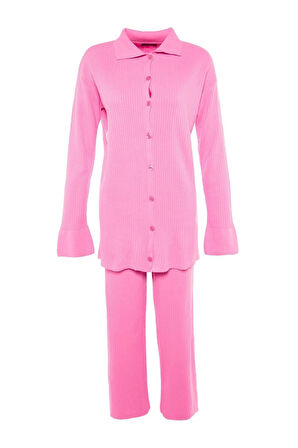 Kadın Moda Şık Geniş Paça Regular Boy Uzun Kollu Yırtmaç Detaylı Hırka-Pantolon Triko Takım