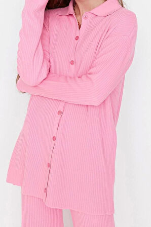 Kadın Moda Şık Geniş Paça Regular Boy Uzun Kollu Yırtmaç Detaylı Hırka-Pantolon Triko Takım