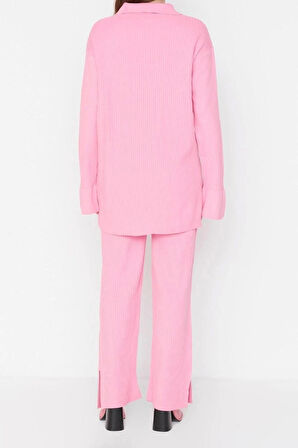 Kadın Moda Şık Geniş Paça Regular Boy Uzun Kollu Yırtmaç Detaylı Hırka-Pantolon Triko Takım