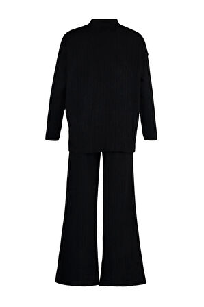 Kadın Moda Şık Geniş Paça Regular Boy Uzun Kollu Geniş Kalıp Basic Triko Alt-Üst Takım