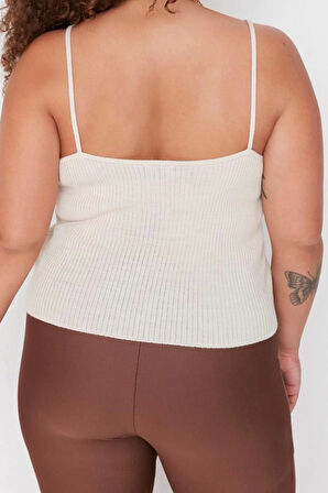Kadın Büyük Beden Moda Şık Crop V Yaka Uzun Kol Düz Bağlama Detaylı İnce Triko Hırka&Atlet Takım