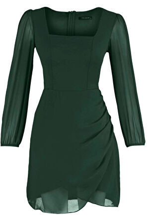 Kadın Moda Şık Mini Boy Kare Yaka Regular A Kesim Astarlı Dokuma Elbise