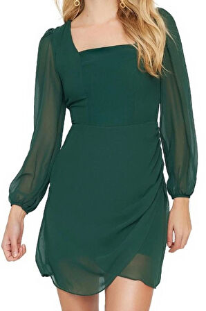 Kadın Moda Şık Mini Boy Kare Yaka Regular A Kesim Astarlı Dokuma Elbise