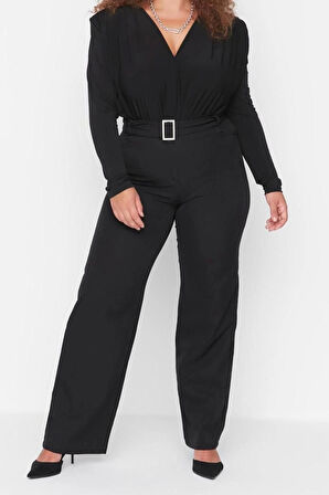 Kadın Yeni Moda Büyük Beden Geniş Paça Uzun Boy Dokuma Kemerli Kumaş Pantolon