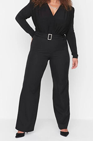 Kadın Yeni Moda Büyük Beden Geniş Paça Uzun Boy Dokuma Kemerli Kumaş Pantolon