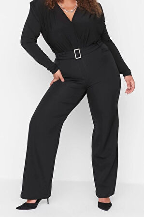 Kadın Yeni Moda Büyük Beden Geniş Paça Uzun Boy Dokuma Kemerli Kumaş Pantolon