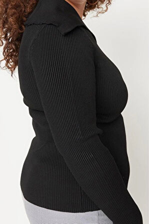 Kadın Büyük Beden Moda Şık Regular Kayık Yaka Uzun Kol Düz Kayık Yaka İnce Triko Bluz