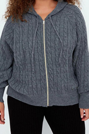 Kadın Büyük Beden Moda Şık Regular Kapüşonlu Uzun Kol Saç Örgü Kapüşonlu Fermuarlı Triko Hırka