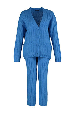 Kadın Moda Şık Geniş Paça Regular Boy Uzun Kollu Geniş Kalıp Yumuşak Dokulu Triko Alt-Üst Takım