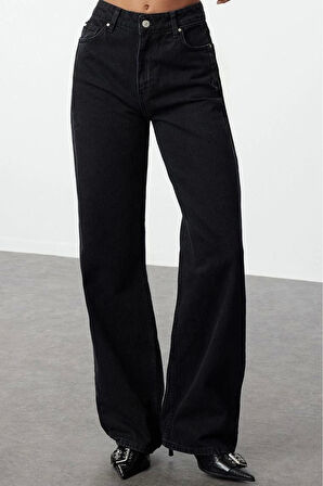 Kadın Moda Şık Kot Pantolon Geniş Paça Regular Boy Denim Pens Detaylı Yüksek Bel Uzun Straight Jeans