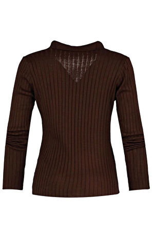 Kadın Moda Şık Regular Polo Yaka Uzun Kol Düz Kol Ucu Detaylı Polo Yaka Triko Kazak