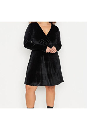 Yeni Slim Şık Abiye Gece Kadife Örme Kruvaze Uzun Kol Skater Mini Boy Büyük Beden Elbise