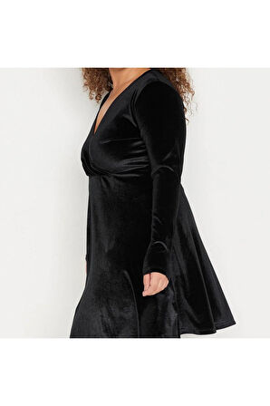 Yeni Slim Şık Abiye Gece Kadife Örme Kruvaze Uzun Kol Skater Mini Boy Büyük Beden Elbise