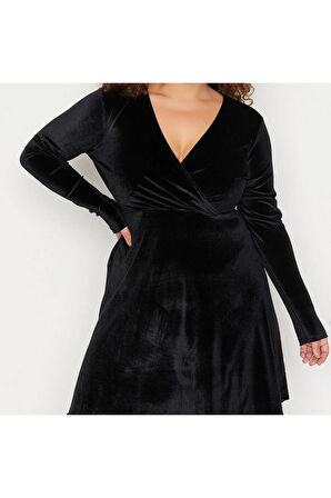 Yeni Slim Şık Abiye Gece Kadife Örme Kruvaze Uzun Kol Skater Mini Boy Büyük Beden Elbise