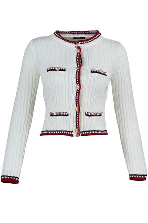 Kadın Moda Şık Crop Bisiklet Yaka Regular Crop Renk Bloklu Ceket Görünümlü Triko Hırka