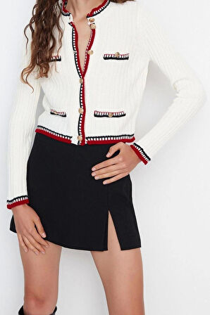 Kadın Moda Şık Crop Bisiklet Yaka Regular Crop Renk Bloklu Ceket Görünümlü Triko Hırka
