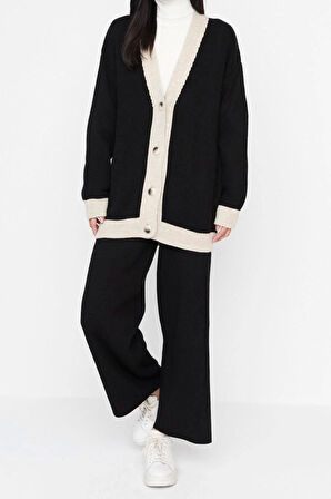 Kadın Moda Şık Geniş Paça Regular Boy Uzun Kollu Şerit Detaylı Hırka-Pantolon Triko Takım