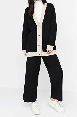 Kadın Moda Şık Geniş Paça Regular Boy Uzun Kollu Şerit Detaylı Hırka-Pantolon Triko Takım