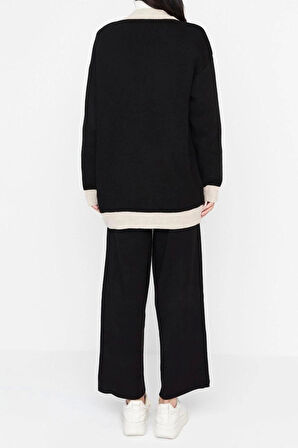 Kadın Moda Şık Geniş Paça Regular Boy Uzun Kollu Şerit Detaylı Hırka-Pantolon Triko Takım