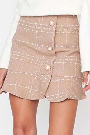 Kadın Moda Stil Mini Astarsız Dokuma Düğmeli Tüvit Kumaş Etek Ucu Volanlı Mini Dokuma Etek