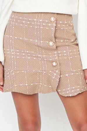 Kadın Moda Stil Mini Astarsız Dokuma Düğmeli Tüvit Kumaş Etek Ucu Volanlı Mini Dokuma Etek