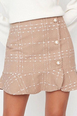 Kadın Moda Stil Mini Astarsız Dokuma Düğmeli Tüvit Kumaş Etek Ucu Volanlı Mini Dokuma Etek