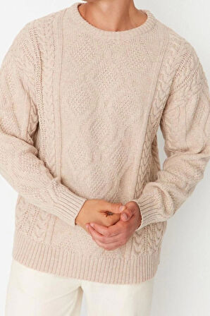 Erkek Moda Şık Regular Bisiklet Yaka Uzun Kol Saç Örgü Oversize Triko Kazak