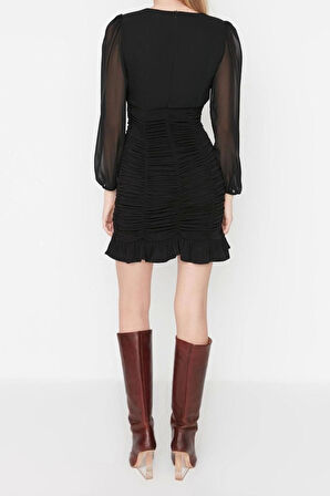 Yeni Regular Gündüz Gece Şifon Dokuma V Yaka Uzun Kol Bodycone Mini Boy Elbise