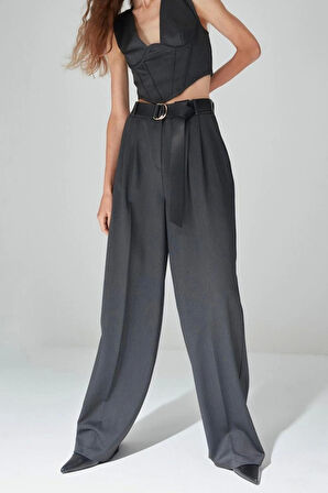 Kadın Yeni Moda Geniş Paça Regular Boy Dokuma Pantolon