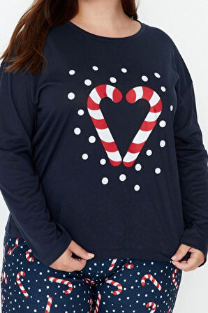 Büyük Beden Kadın Polyester Bisiklet Yaka Uzun Kol Yılbaşı Temalı Örme Pijama Takımı