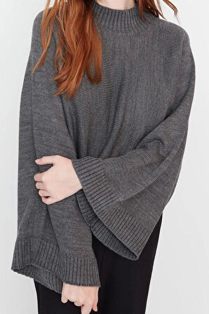 Kadın Moda Şık Dik Yaka Düşük Kol Regular Geniş Kalıp Yarasa Kol Triko Kazak