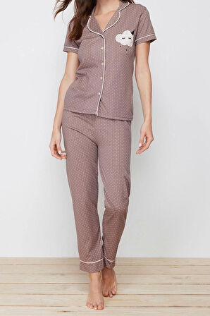 Kadın Pamuk Polyester Gömlek Yaka Kısa Kol Baskılı Gömlek-Pantolon Örme Pijama Takımı
