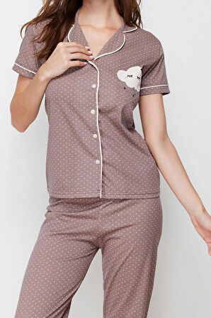 Kadın Pamuk Polyester Gömlek Yaka Kısa Kol Baskılı Gömlek-Pantolon Örme Pijama Takımı