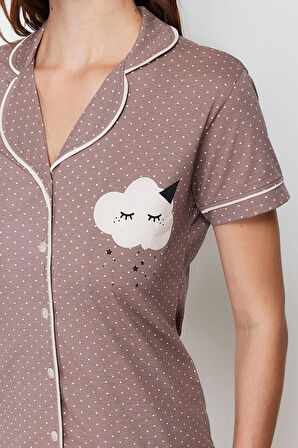 Kadın Pamuk Polyester Gömlek Yaka Kısa Kol Baskılı Gömlek-Pantolon Örme Pijama Takımı