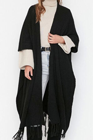 Kadın Moda Şık Tesettür Uzun Şal Yaka Regular Etek Ucu Püsküllü Uzun Triko Hırka