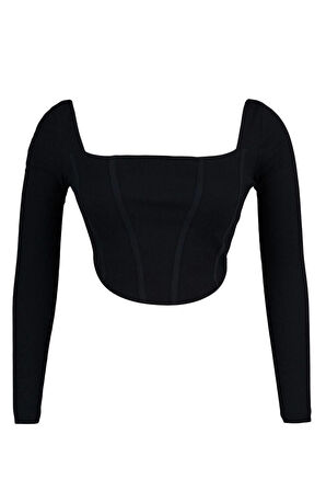 Kadın Moda Şık Büyük Beden Crop Kare Yaka Fitted Kalıp Örme Fittilli Biye Detaylı Bluz