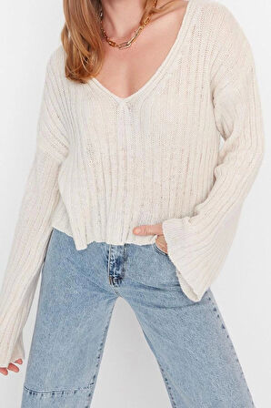 Kadın Moda Şık Crop V Yaka Uzun Kol Düz Yünlü Geniş Kalıp Crop Basic Triko Kazak